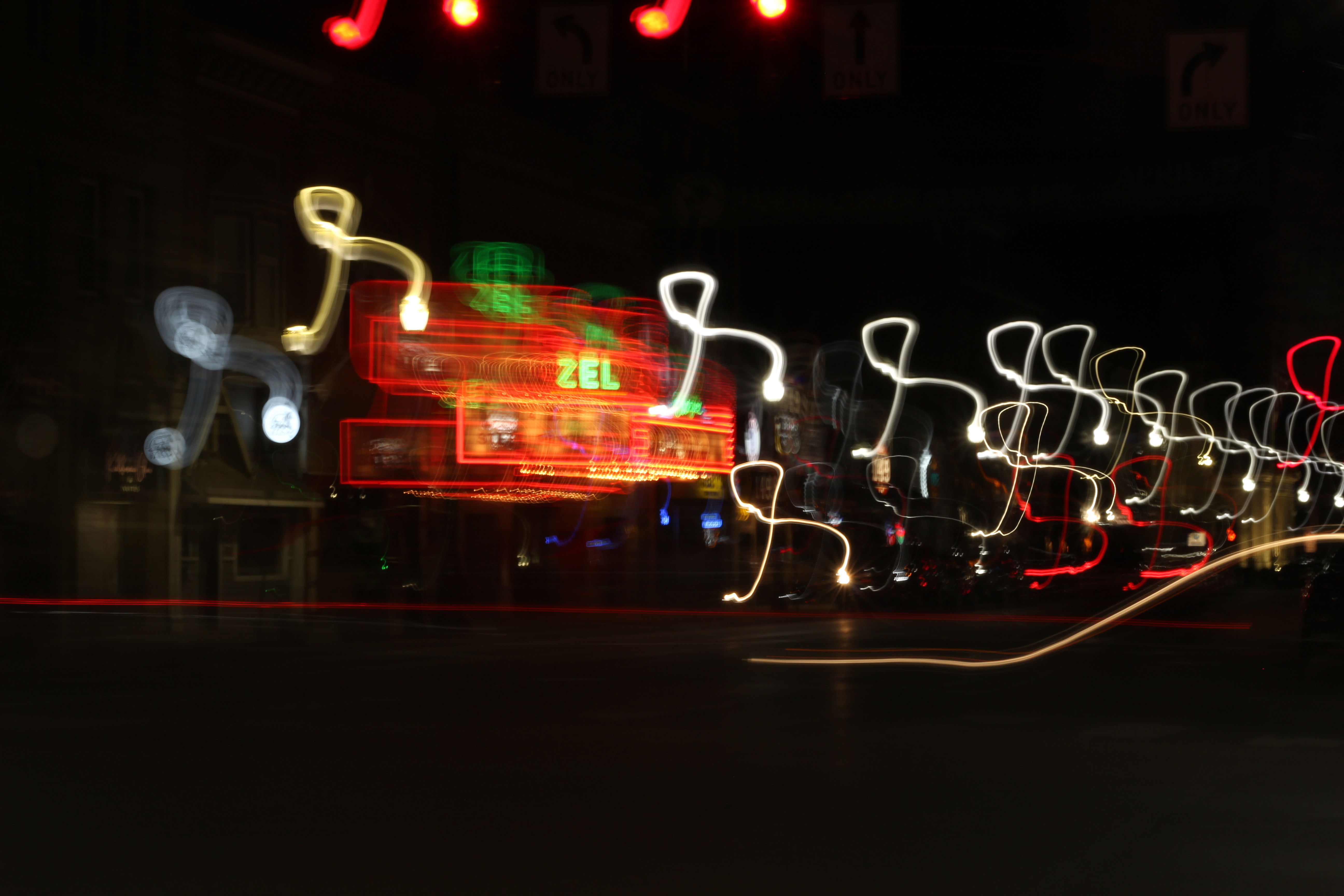 Blurred street lights and car headlights in Downtown Bowling Green.