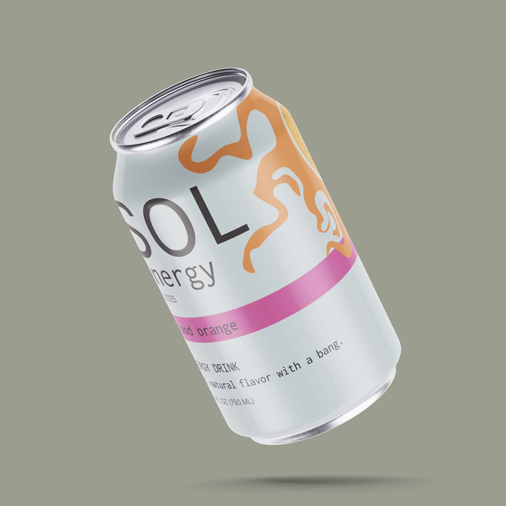 Floating aluminum can with a colorful label on it.