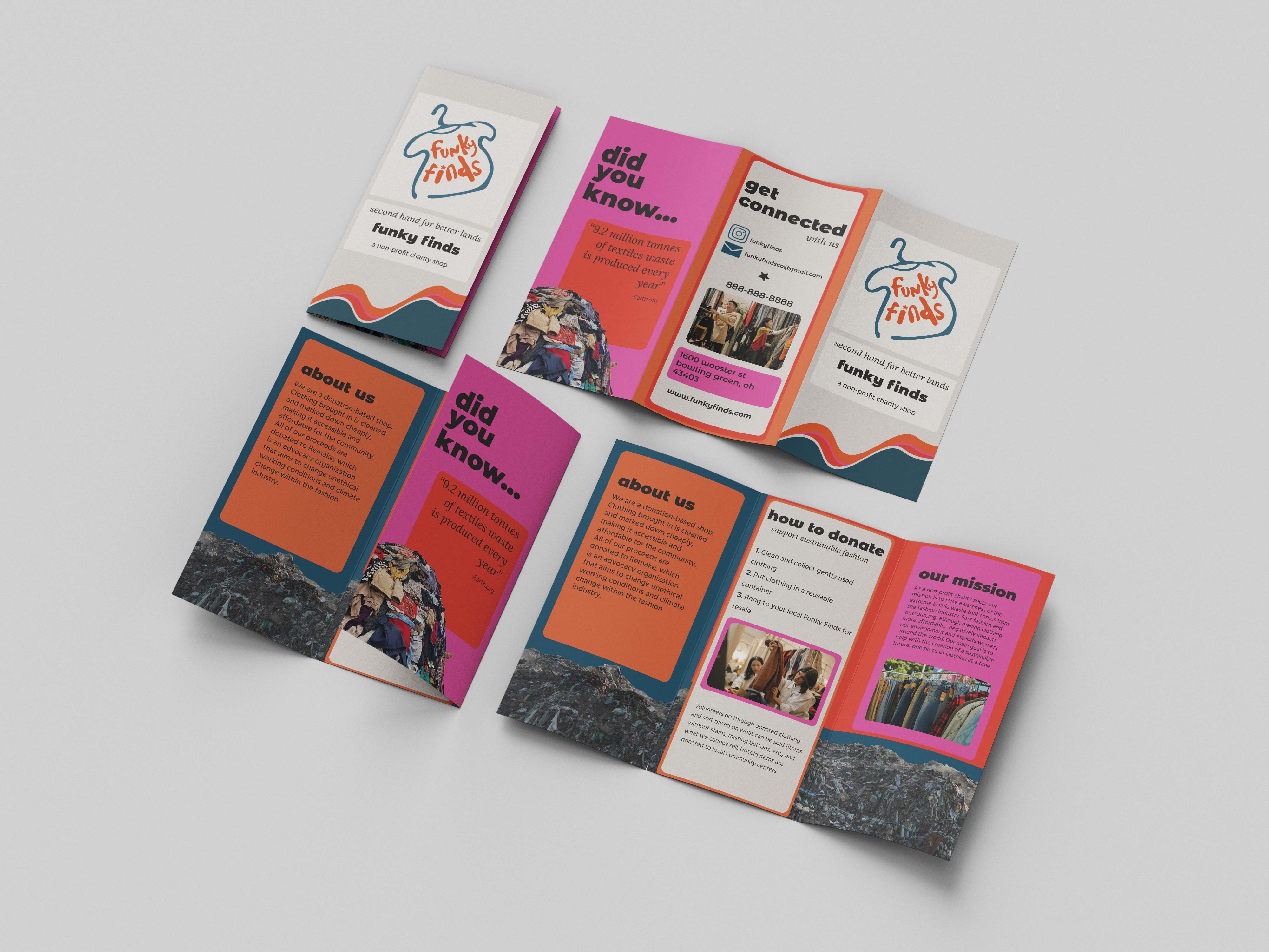 Colorful brochures laying open on a white surface.