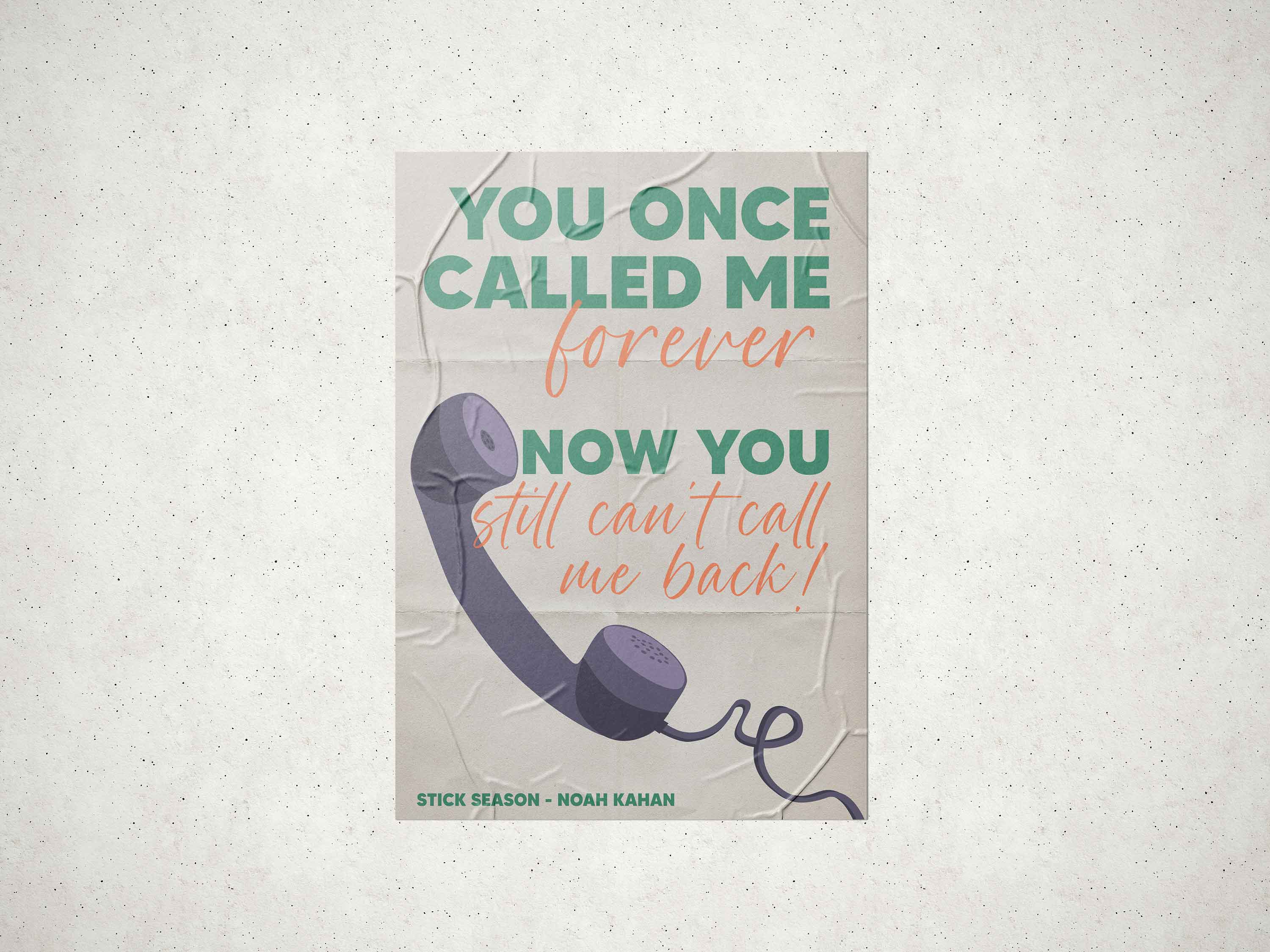 A wrinkled poster atop of a textured white wall.